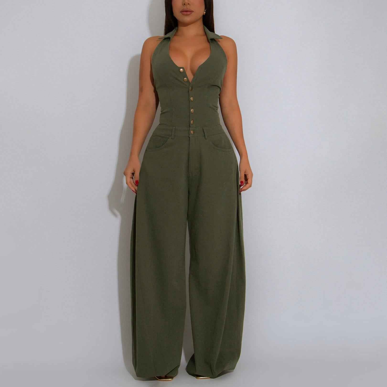 Sleeveless Backless Casual Jumpsuit w Pockets