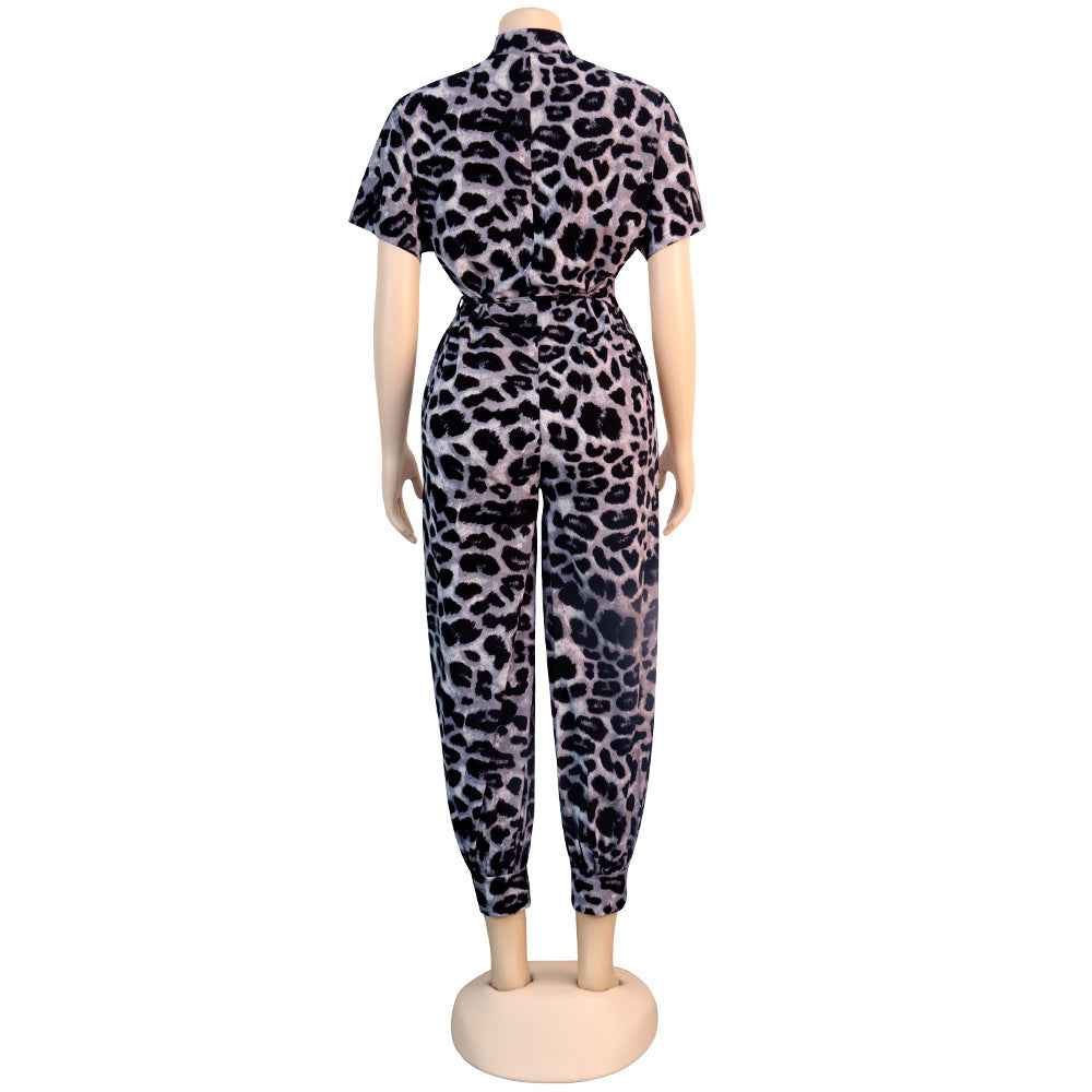 Leopard Print Lace up Collared One Piece Nightclub Uniform Jumpsuit