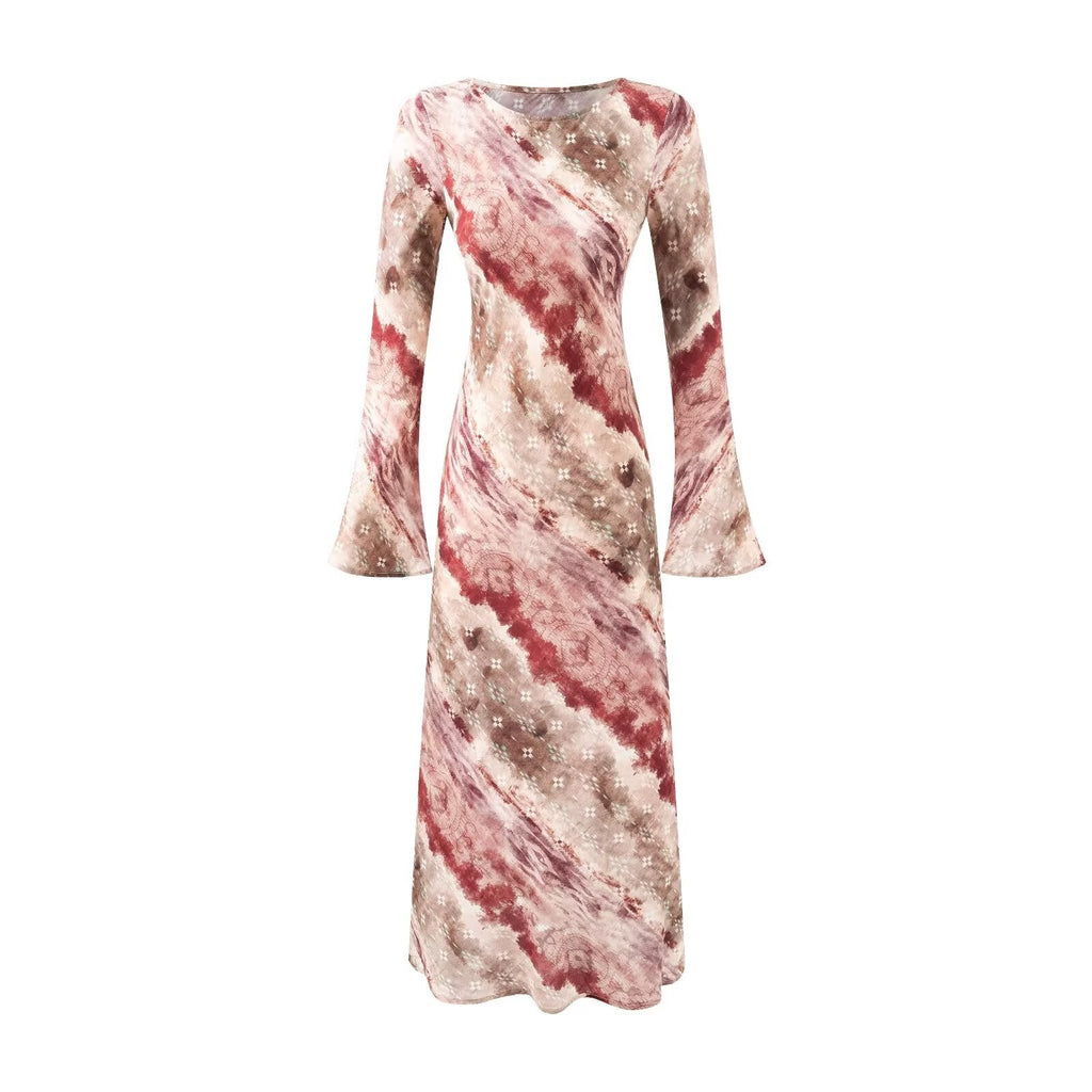 Vintage Printed Chic Flared Long Sleeve Vacation Dress round Neck Maxi Dress