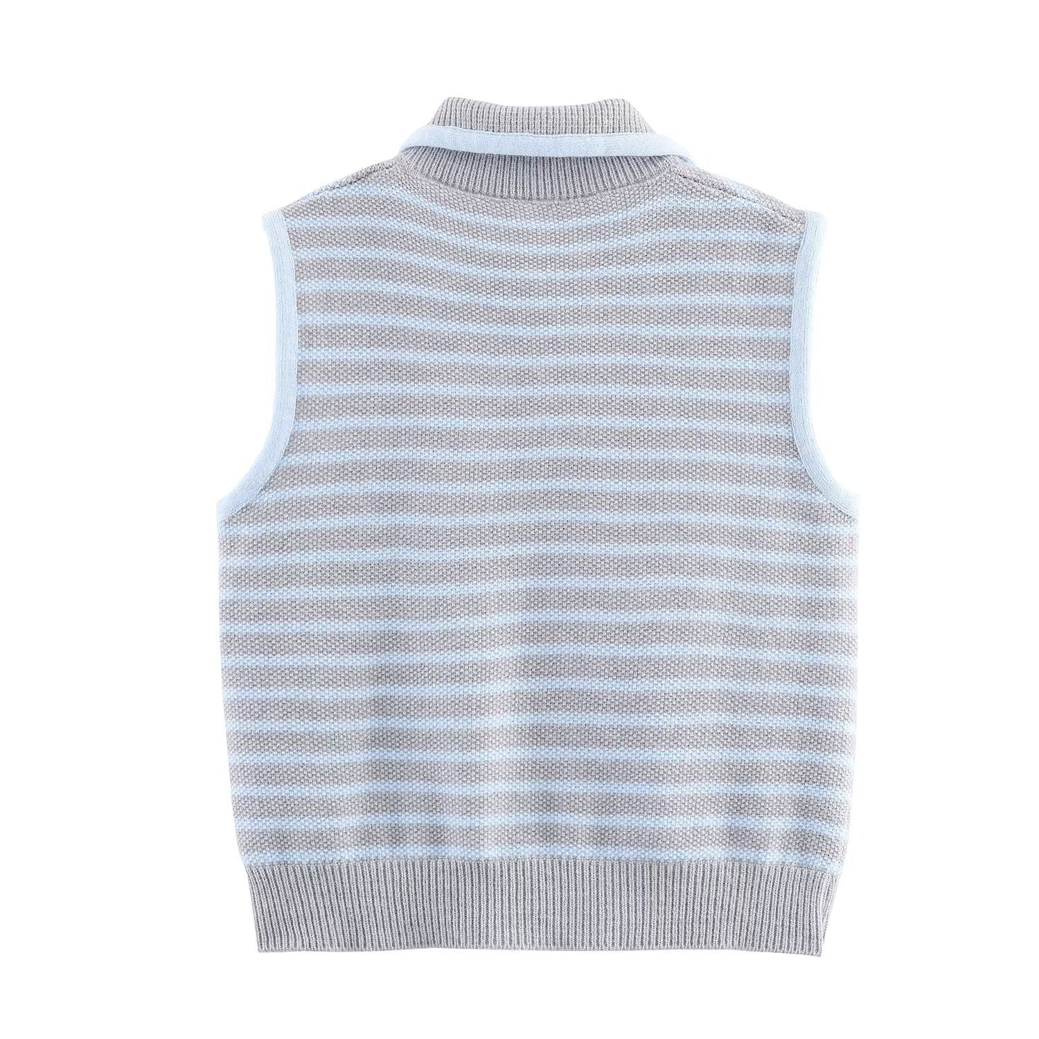Women Clothing Fall Fresh Age Reducing Stripe Decoration Collared Short Vest