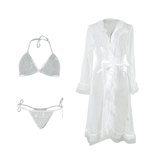See through Nightgown Ruffled Lace up Sleepwear Set