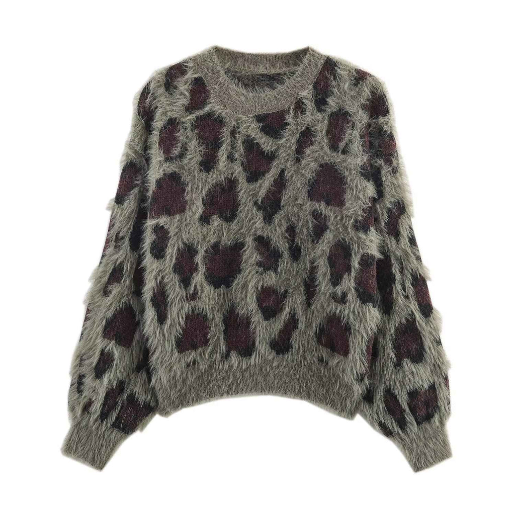 Leopard Jacquard Pullover Knitted Long Sleeve Sweater