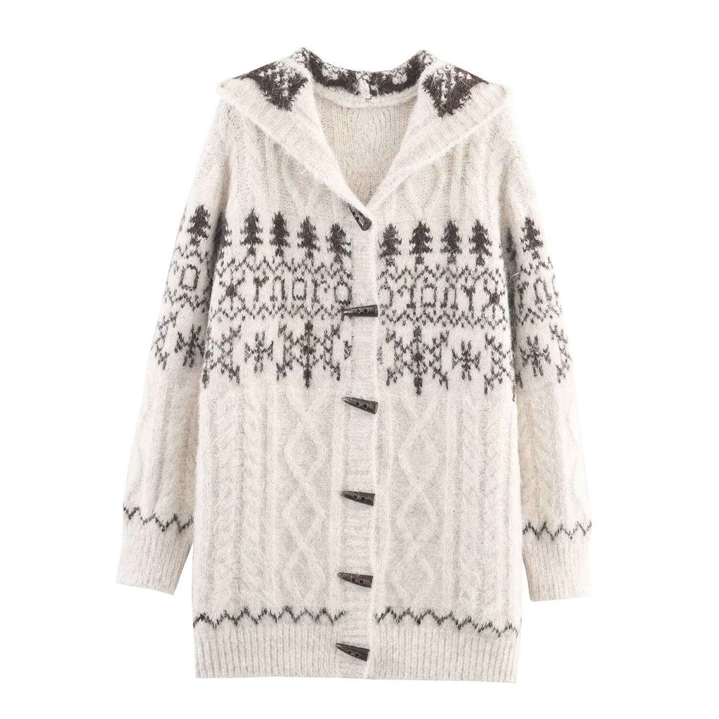 Stylish Simple Hooded Horn Button Knitted Jacket