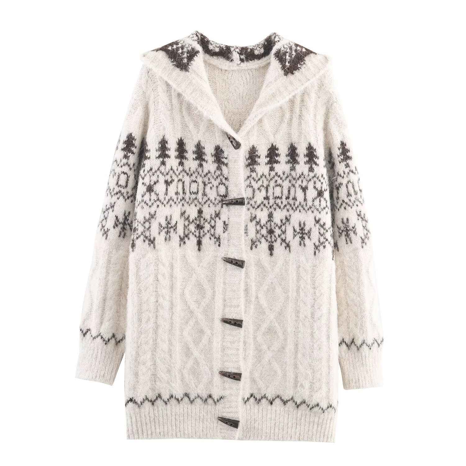 Stylish Simple Hooded Horn Button Knitted Jacket