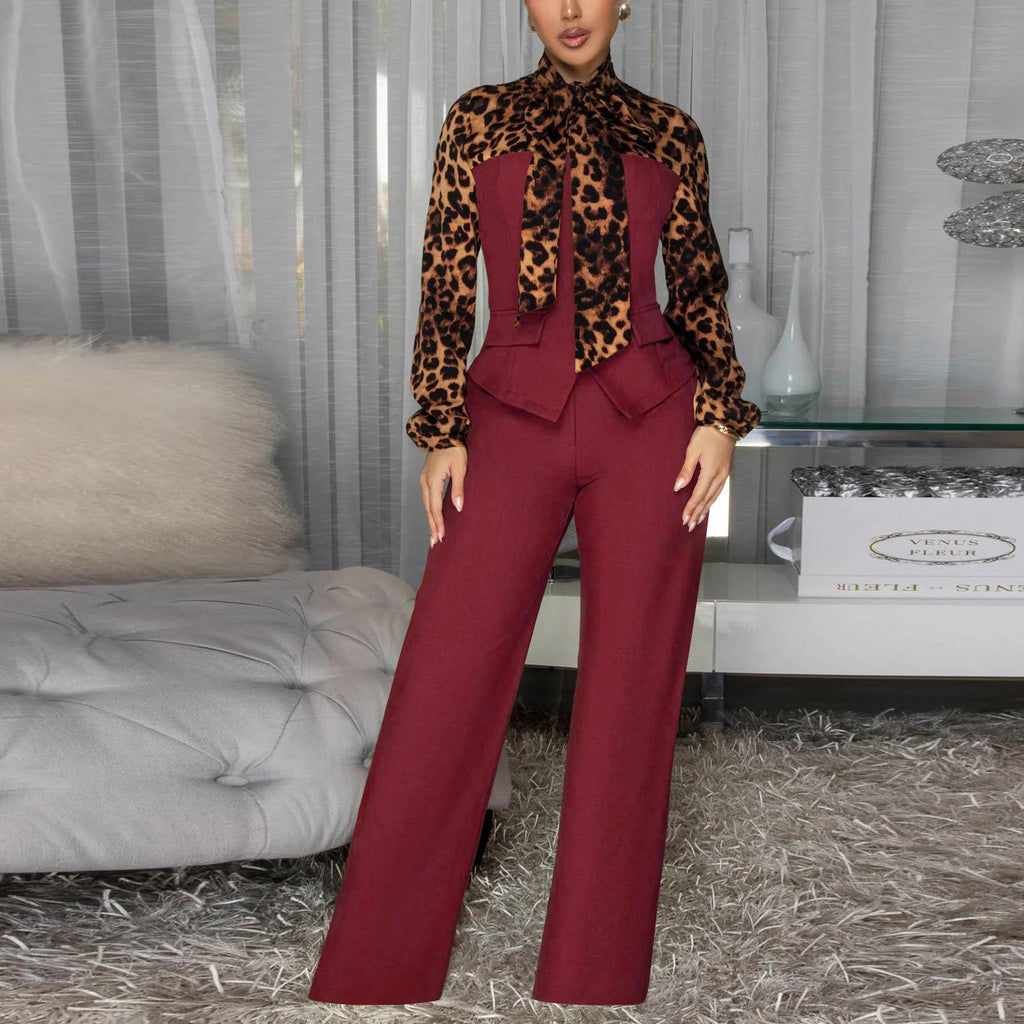 Leopard Collar Blouse Casual Set