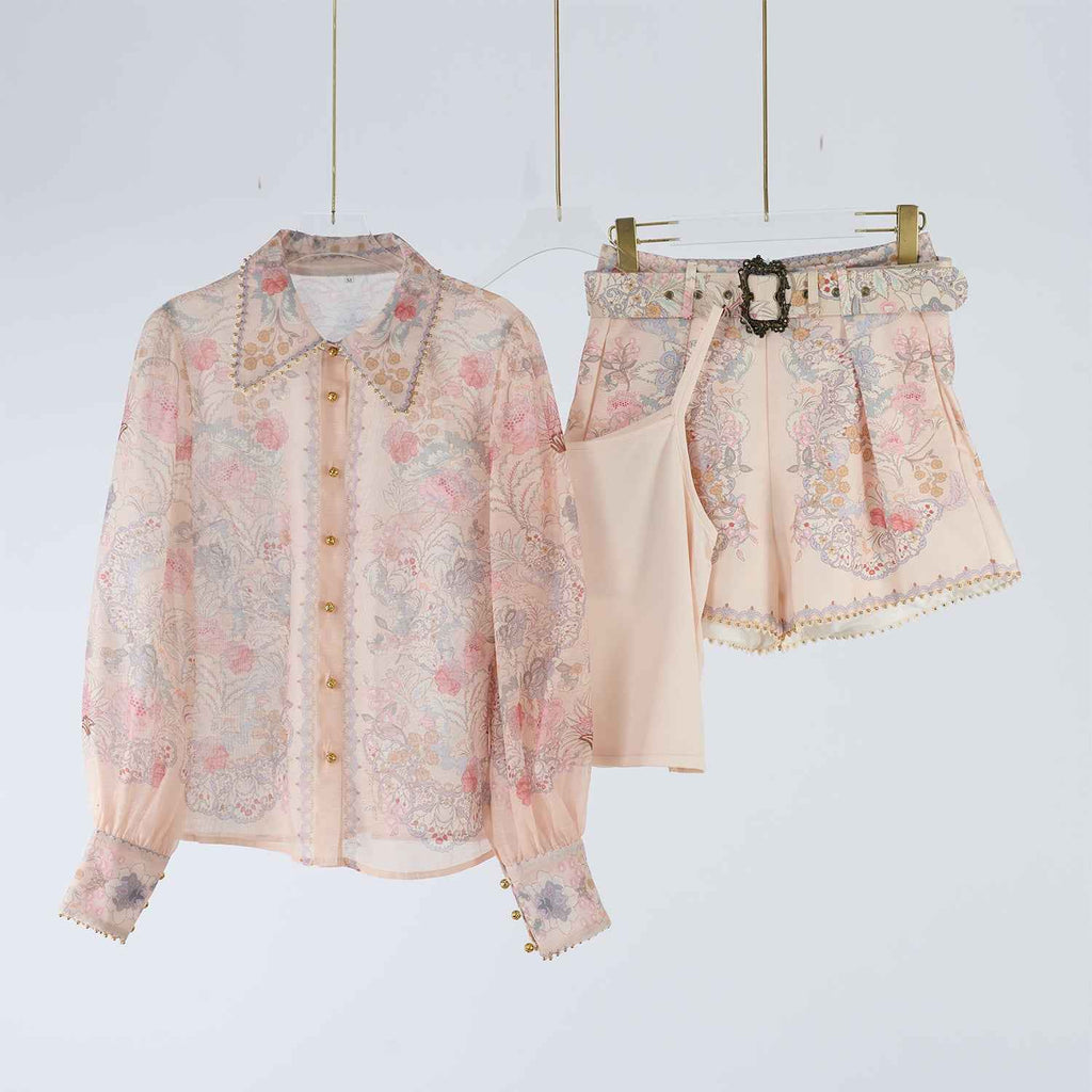 Women's Slimming and Figure Enhancing Beaded Lapel Long Sleeved Blouse And Bottoms Set
