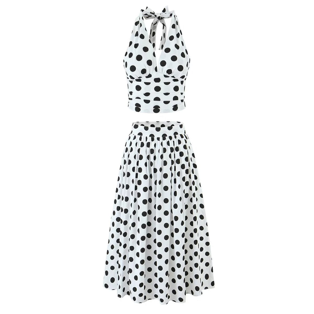 Summer Polka Dot High Waist Slimming Mid Length Big Hem A line Skirt Set