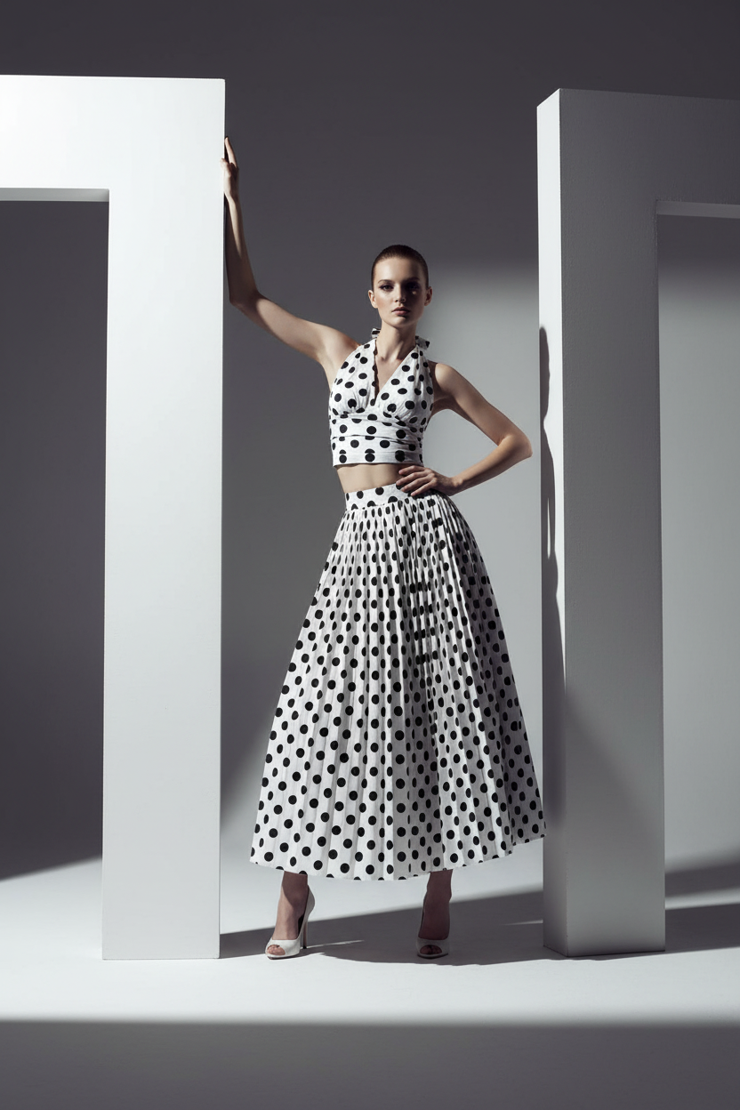 Summer Polka Dot High Waist Slimming Mid Length Big Hem A line Skirt Set