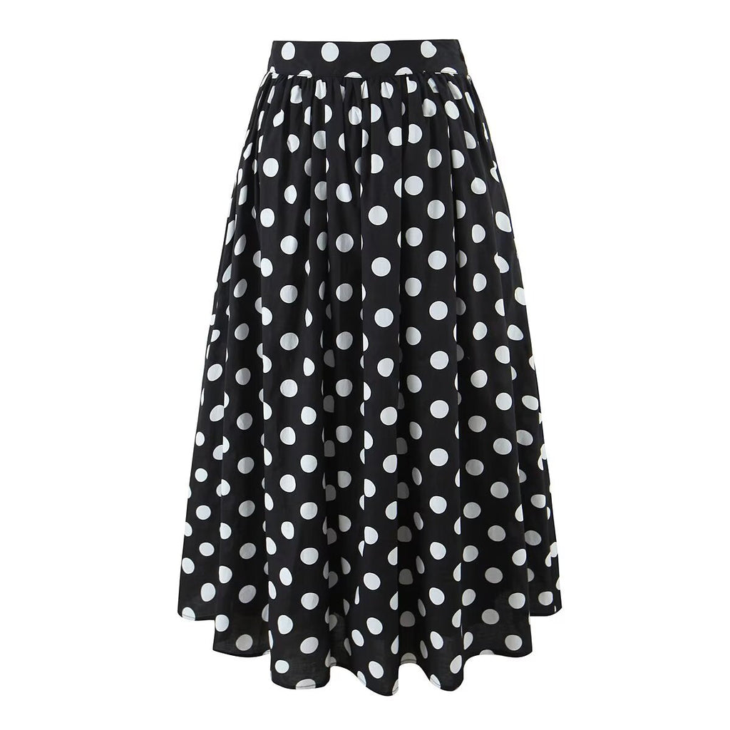 Summer Polka Dot High Waist Slimming Mid Length Big Hem A line Skirt Set