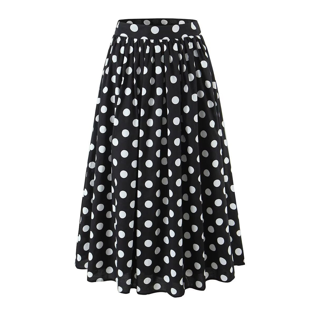 Summer Polka Dot High Waist Slimming Mid Length Big Hem A line Skirt Set