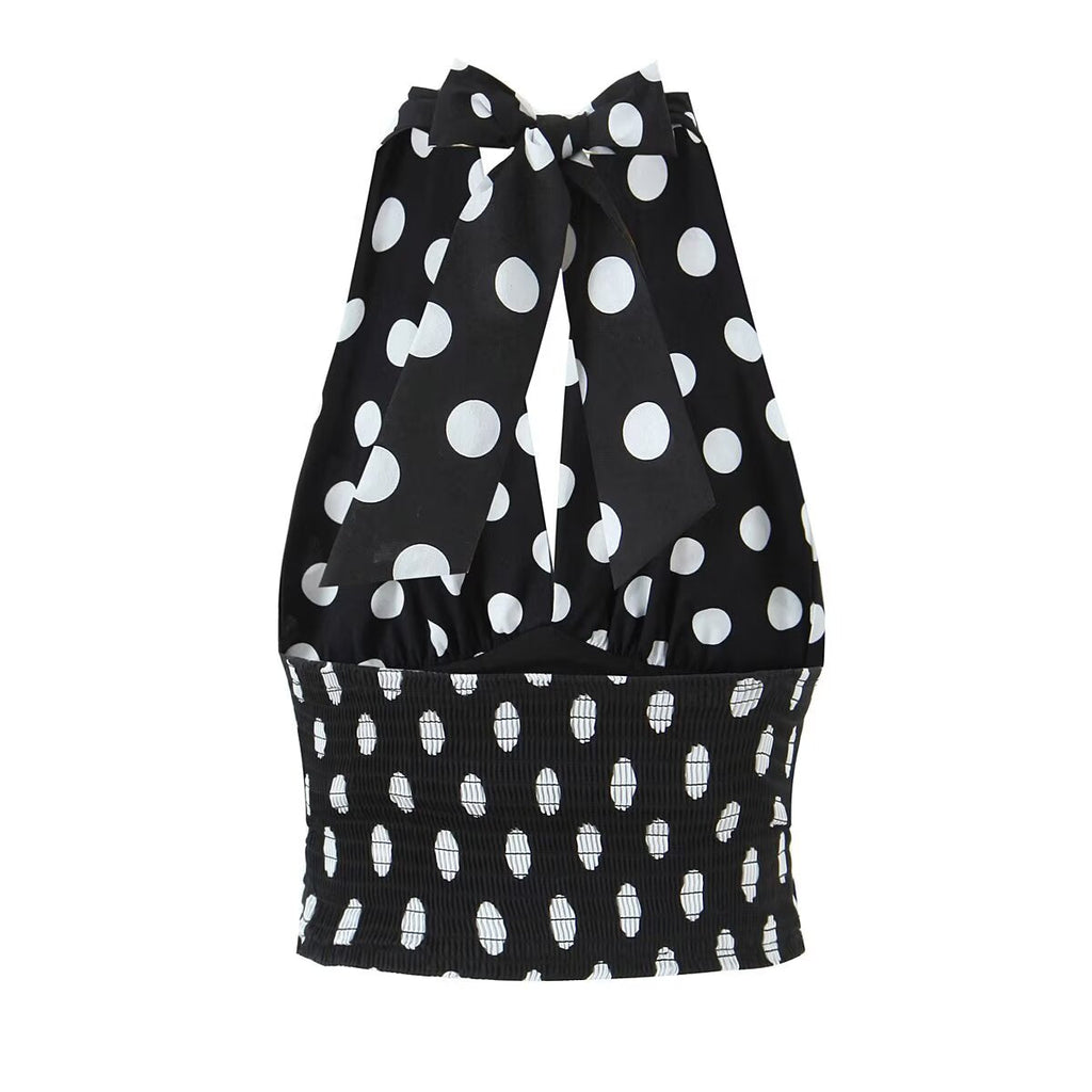 Summer Polka Dot High Waist Slimming Mid Length Big Hem A line Skirt Set