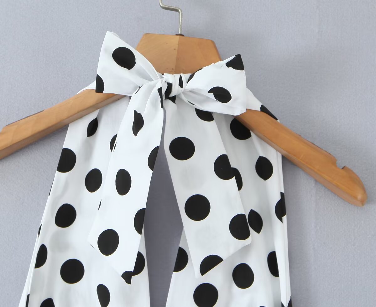 Summer Polka Dot High Waist Slimming Mid Length Big Hem A line Skirt Set