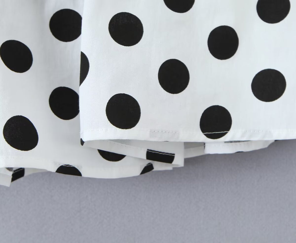 Summer Polka Dot High Waist Slimming Mid Length Big Hem A line Skirt Set