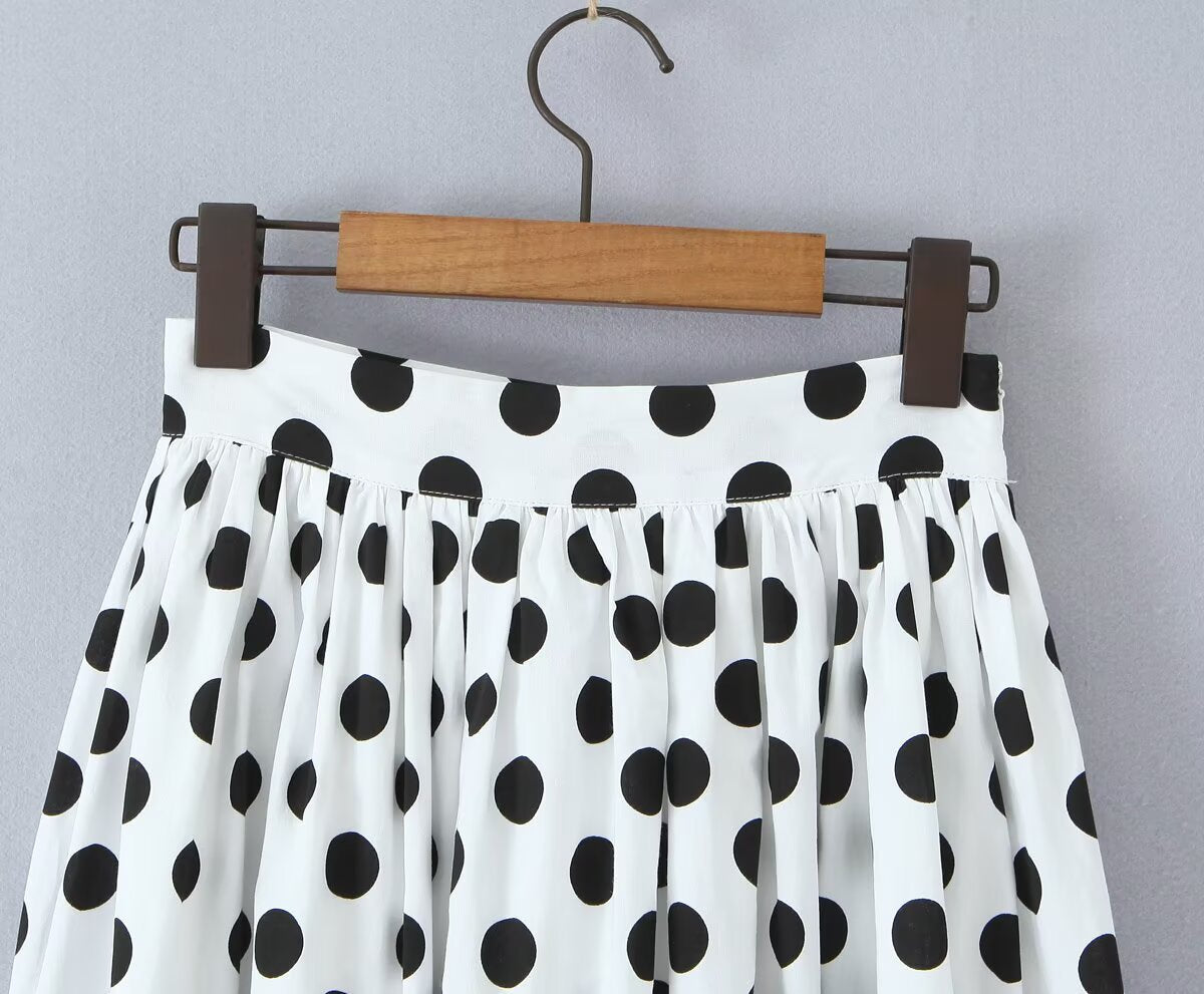 Summer Polka Dot High Waist Slimming Mid Length Big Hem A line Skirt Set