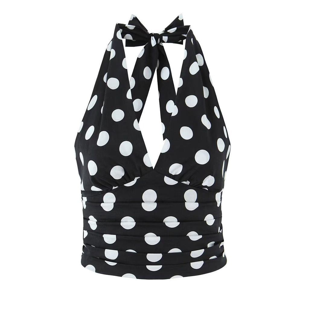 Summer Polka Dot High Waist Slimming Mid Length Big Hem A line Skirt Set