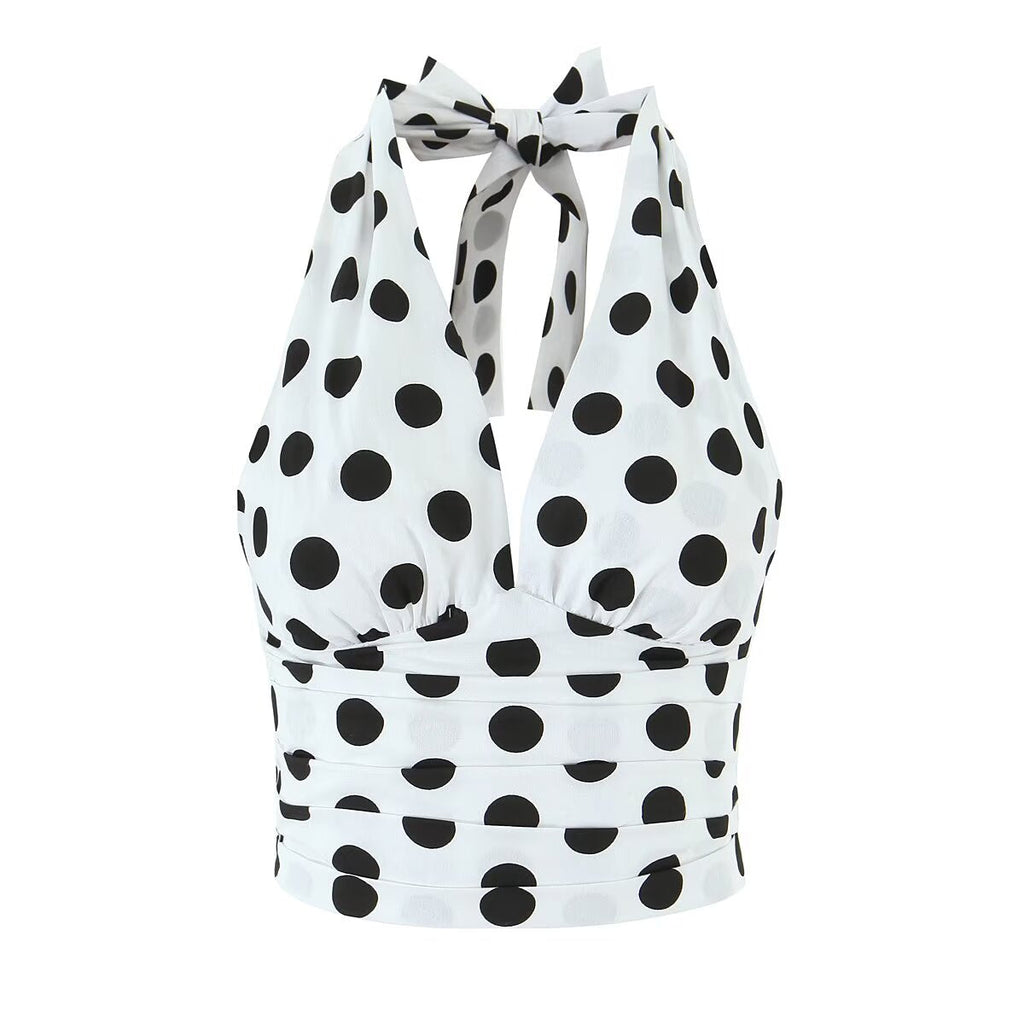 Summer Polka Dot High Waist Slimming Mid Length Big Hem A line Skirt Set