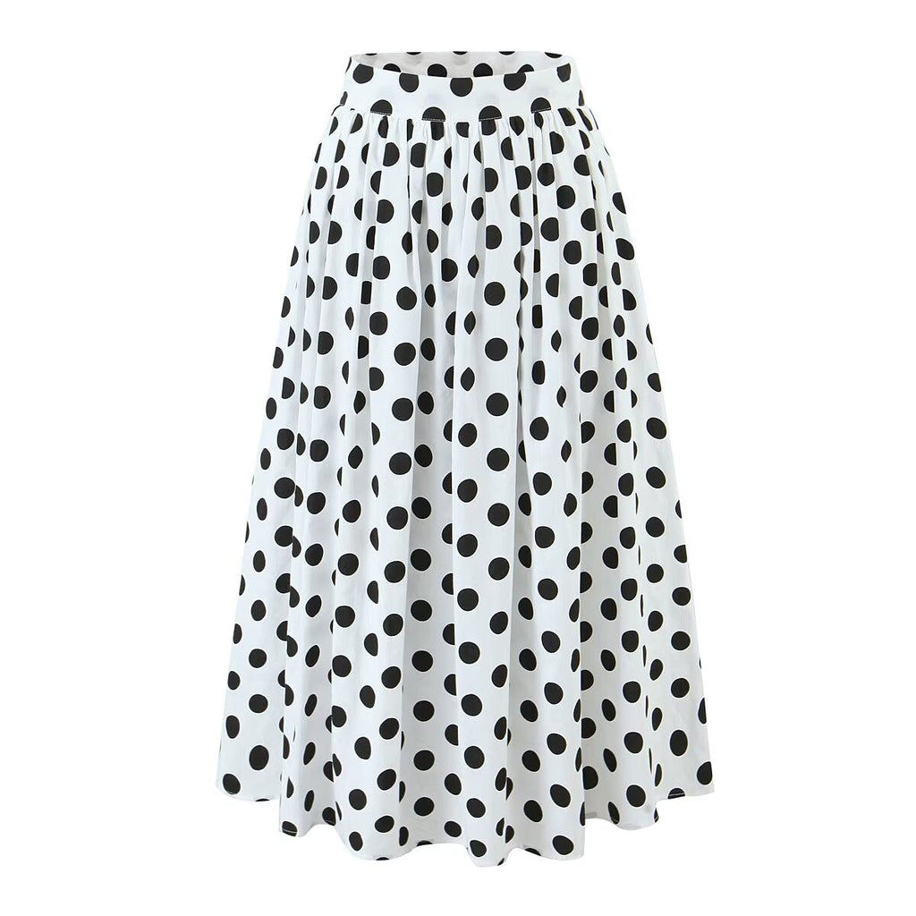 Summer Polka Dot High Waist Slimming Mid Length Big Hem A line Skirt Set