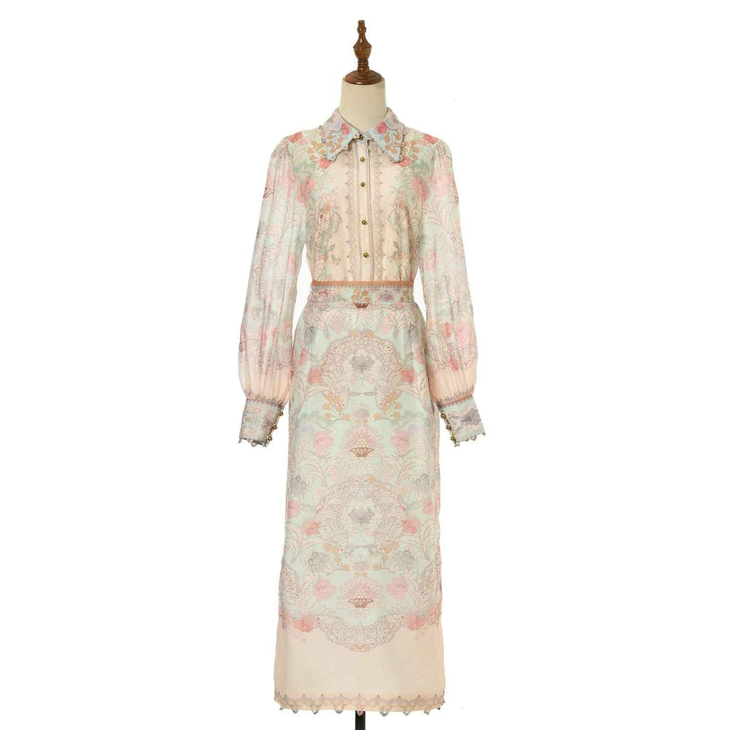Women's Floral Patterned Blouse and Skirt Two Piece Sets