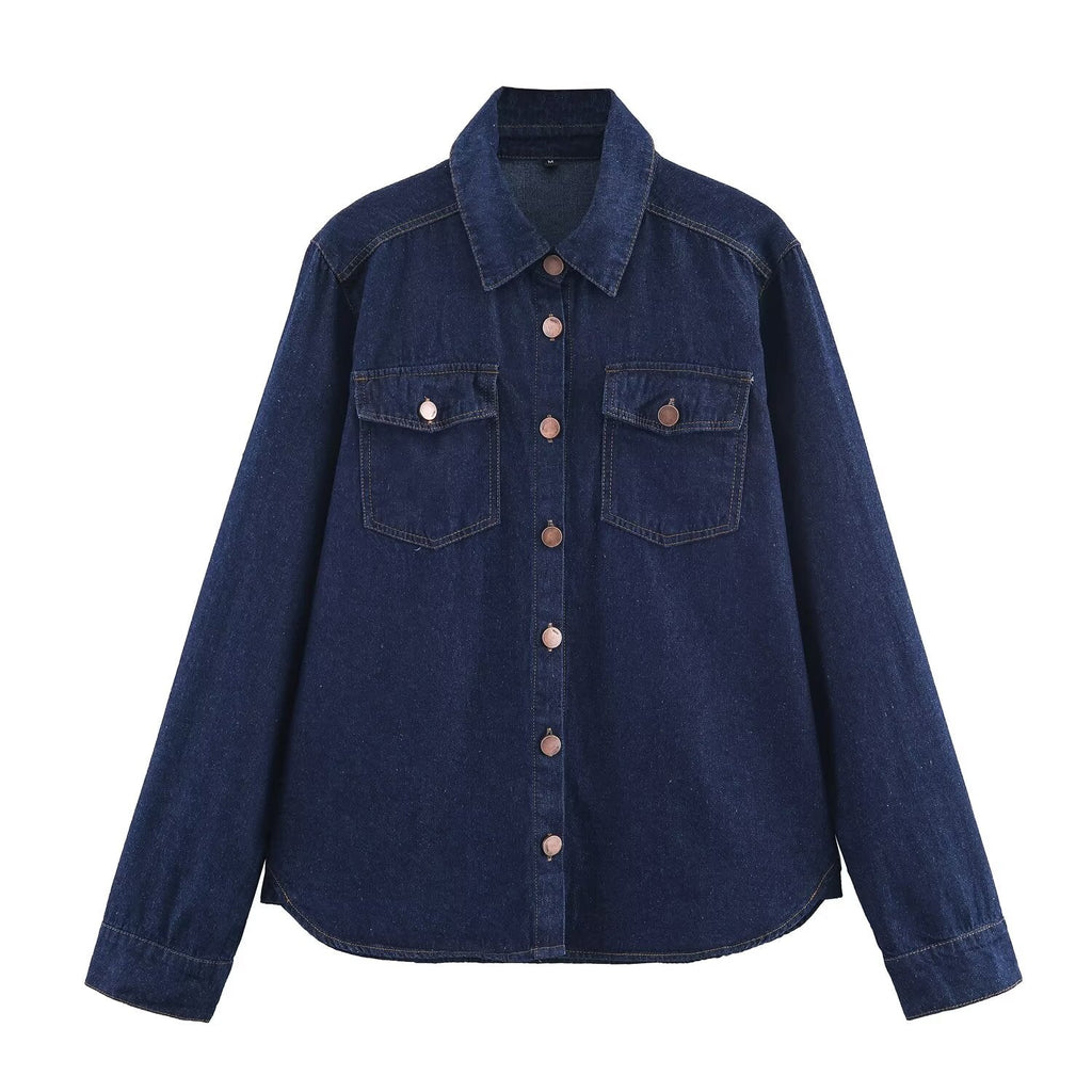 Dark Blue Denim Blouse Polo Collar