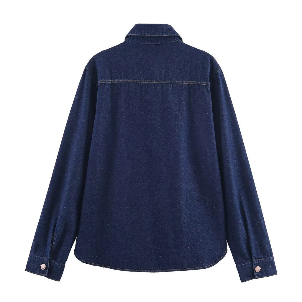 Dark Blue Denim Blouse Polo Collar
