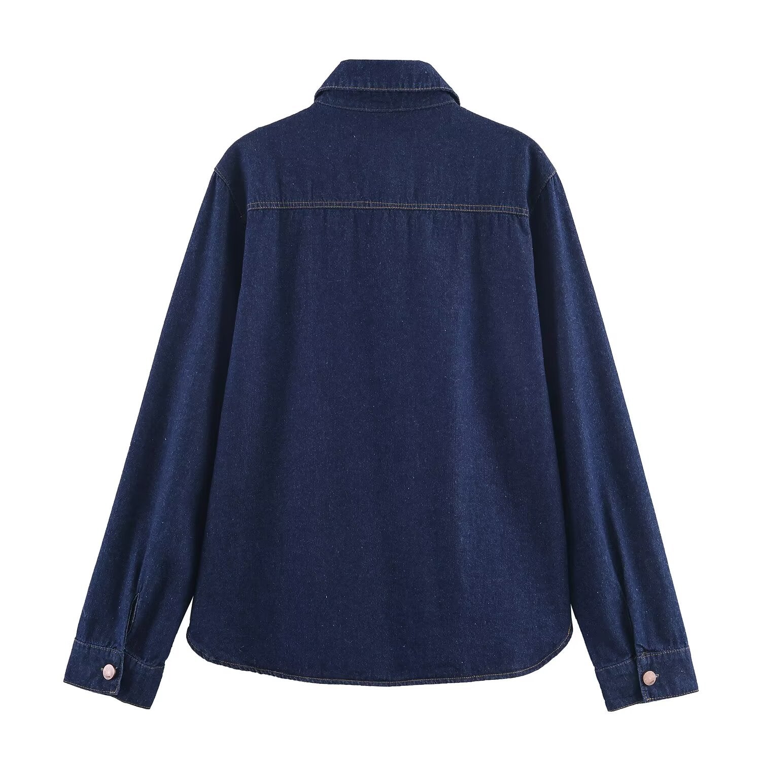 Dark Blue Denim Blouse Polo Collar
