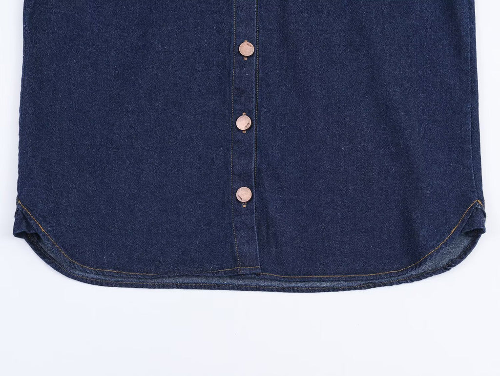Dark Blue Denim Blouse Polo Collar