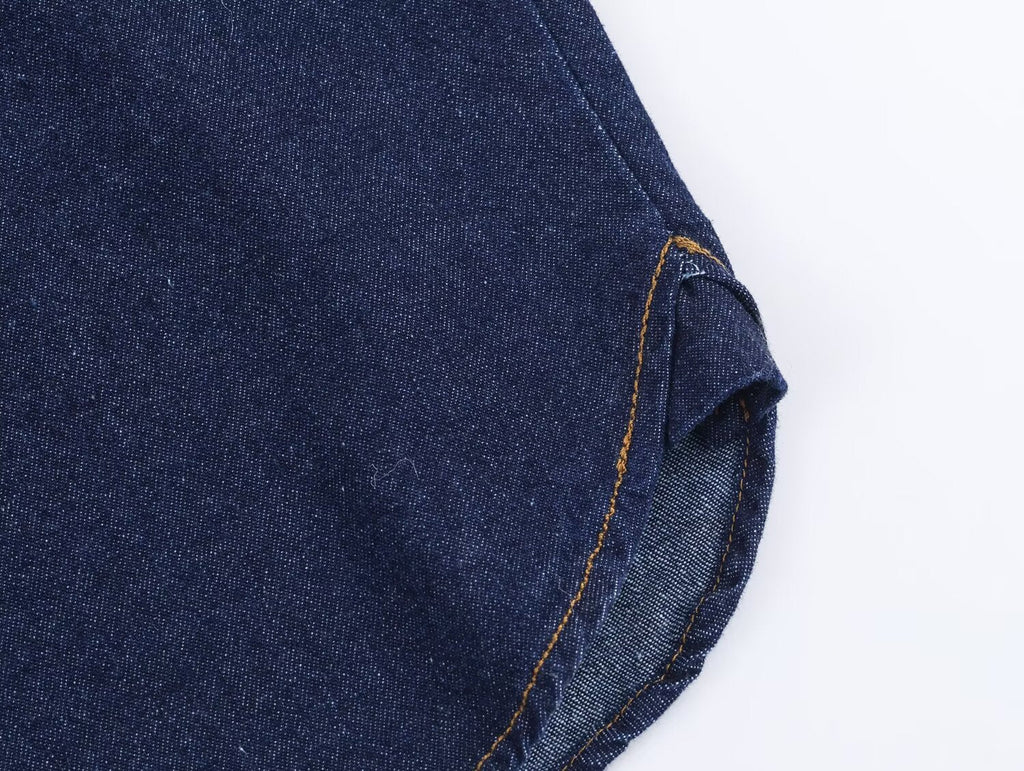 Dark Blue Denim Blouse Polo Collar