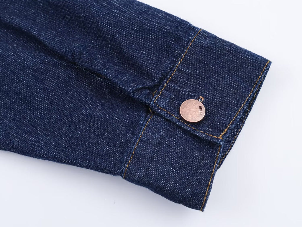 Dark Blue Denim Blouse Polo Collar