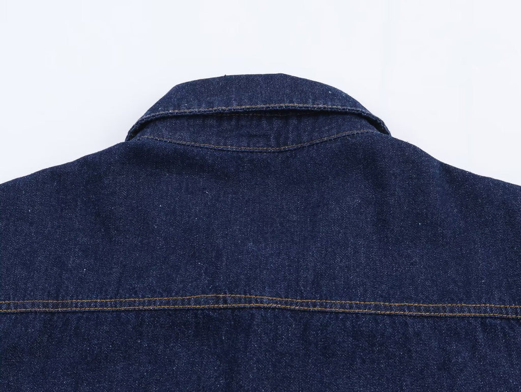 Dark Blue Denim Blouse Polo Collar