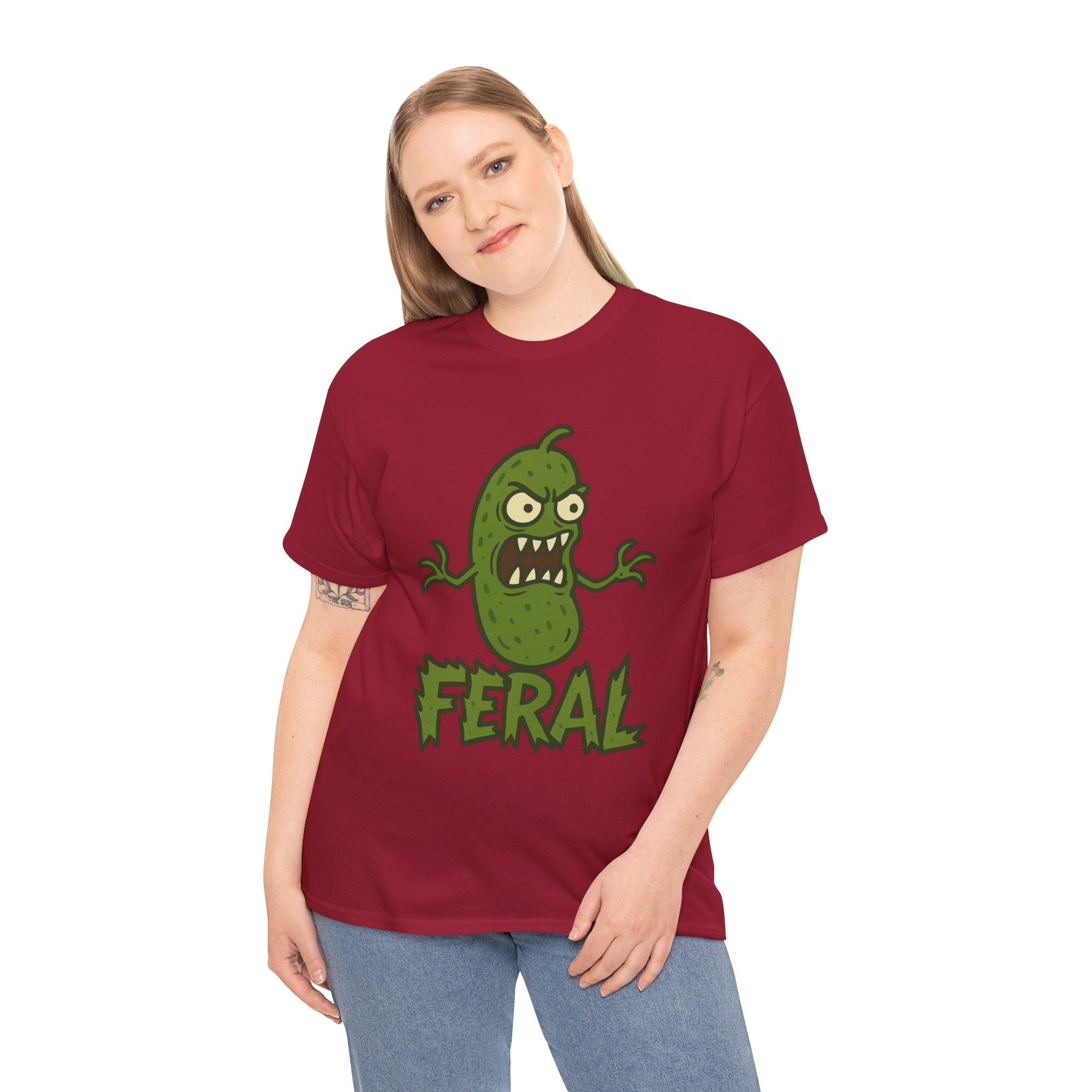 Feral Pickle Cartoon Tee – Trashcore Angry Pickle Shirt – Gildan 5000 Unisex Heavy Cotton
