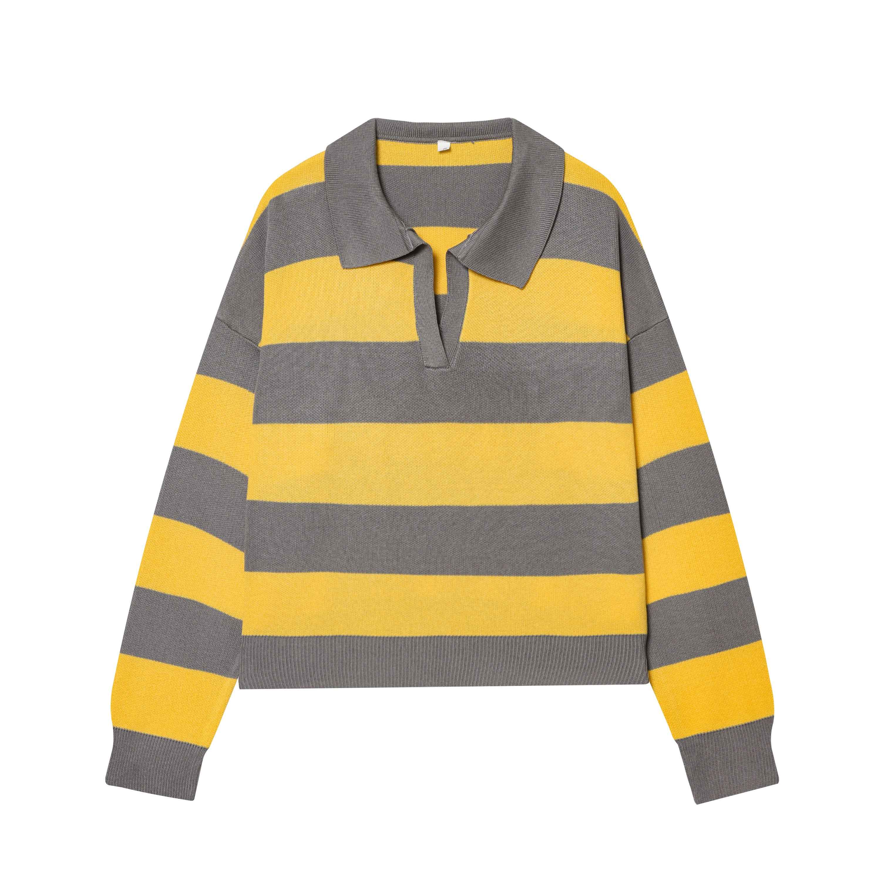 Striped Polo Collar Long Sleeved Sweater