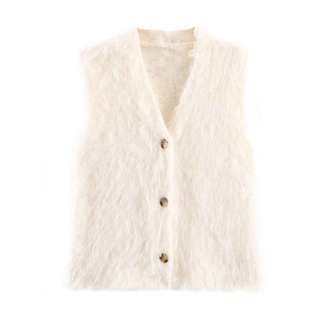 Plush Button Sleeveless Sweater Vest