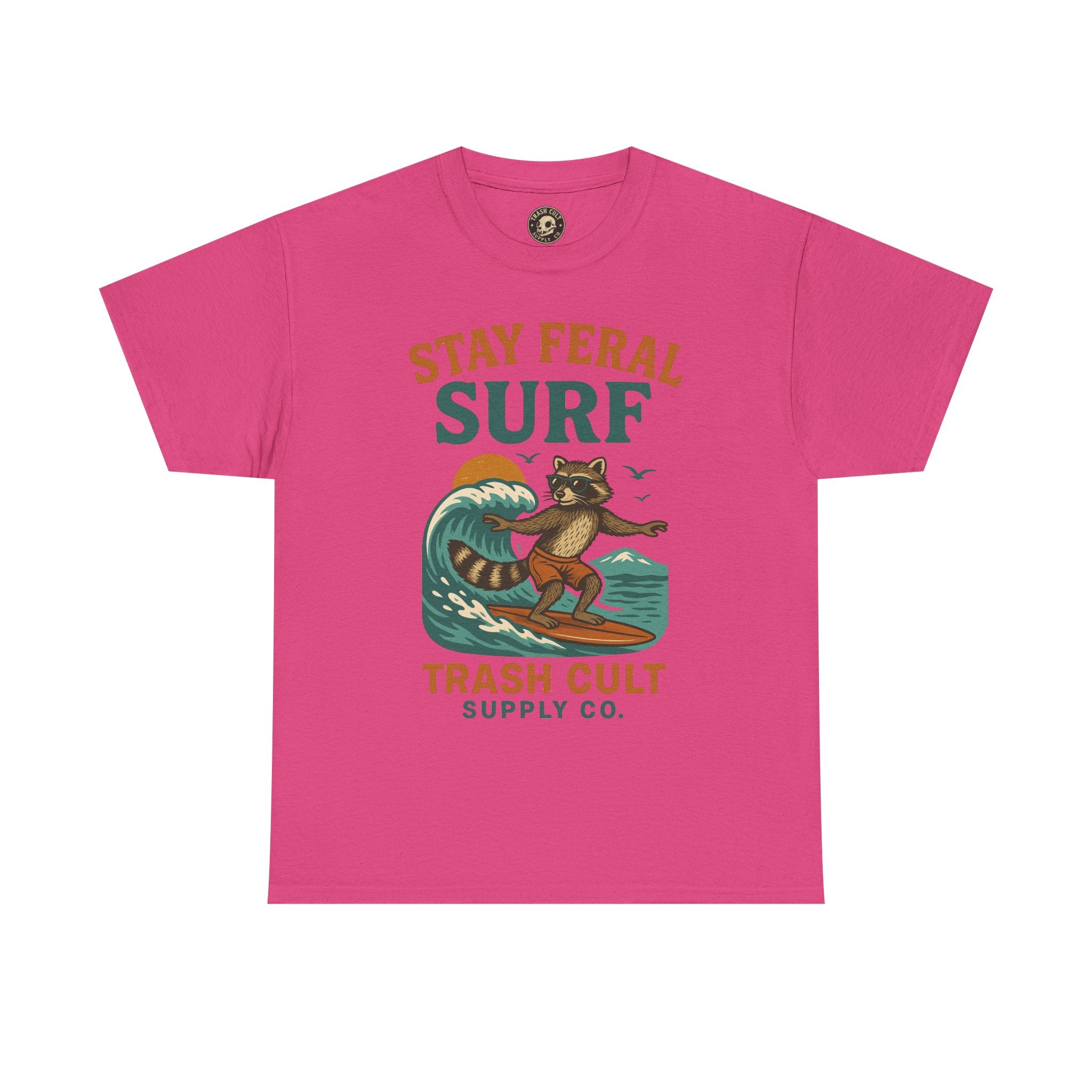 Stay Feral Surf Shirt – Retro Raccoon Beach Tee – Trash Cult Supply Co – Gildan 5000