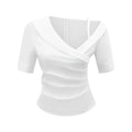 Pleated Design Summer White Short Sleeve Shirt Slim Fit Slim Fit Top