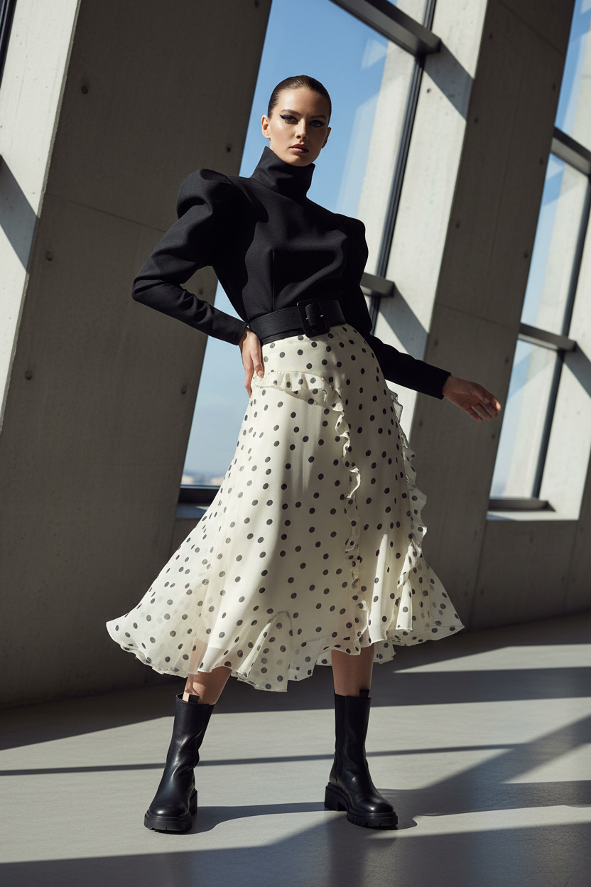 Asymmetric Skirt Ruffled Polka Dot Skirt