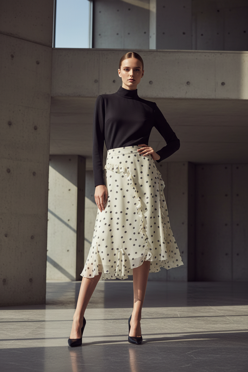 Asymmetric Skirt Ruffled Polka Dot Skirt