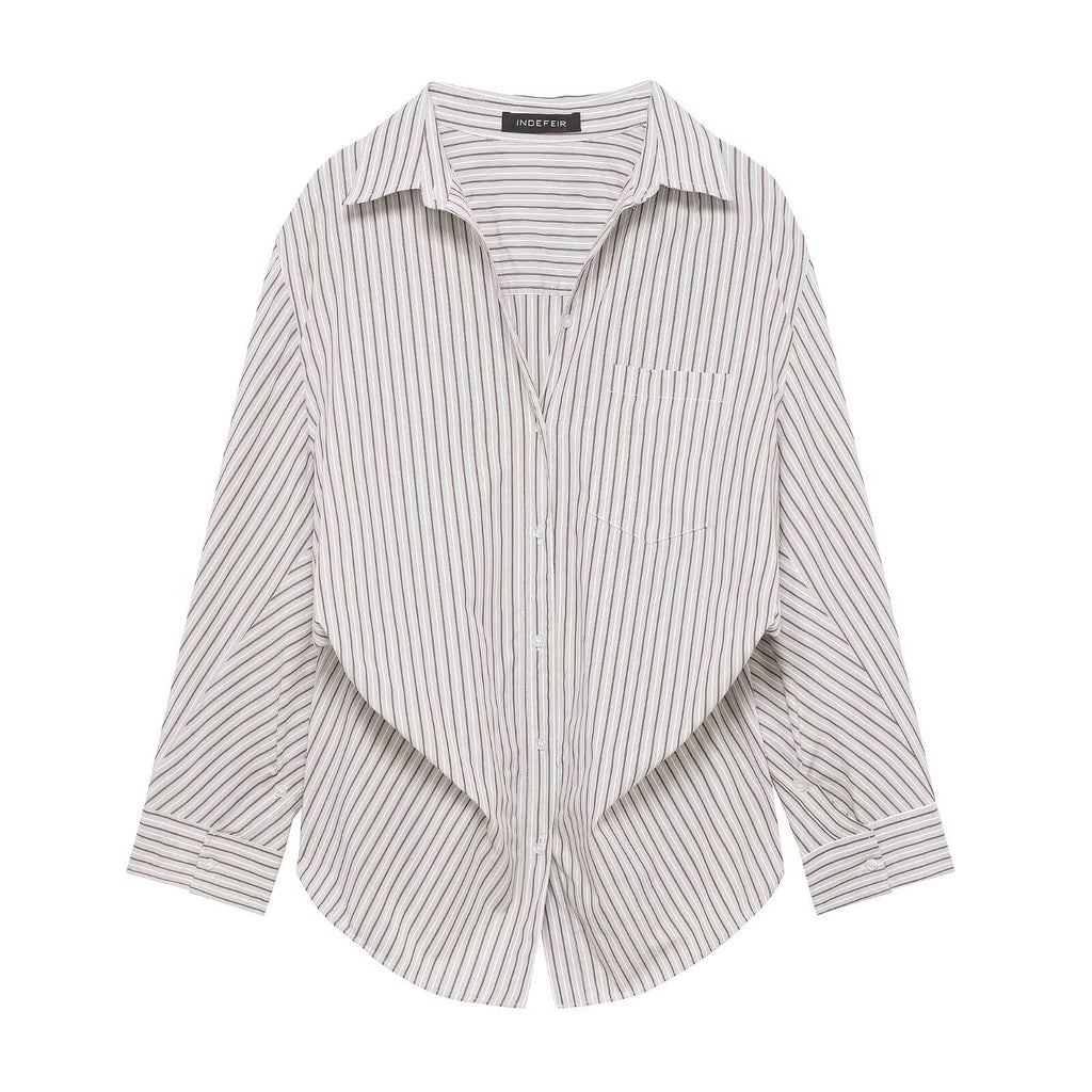 Women Clothing Patchwork Striped Poplin Loose Collared Long Sleeves Shirt