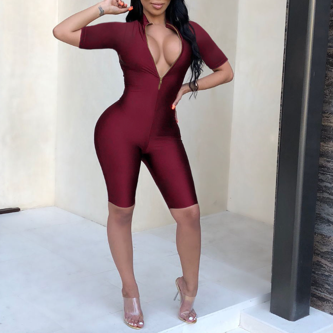 Sexy Deep V Plunge Romper w Zipper