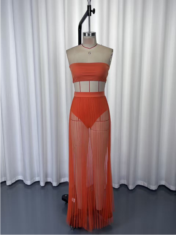 Mesh Pleated Swimsuit Fabric Three Piece Set