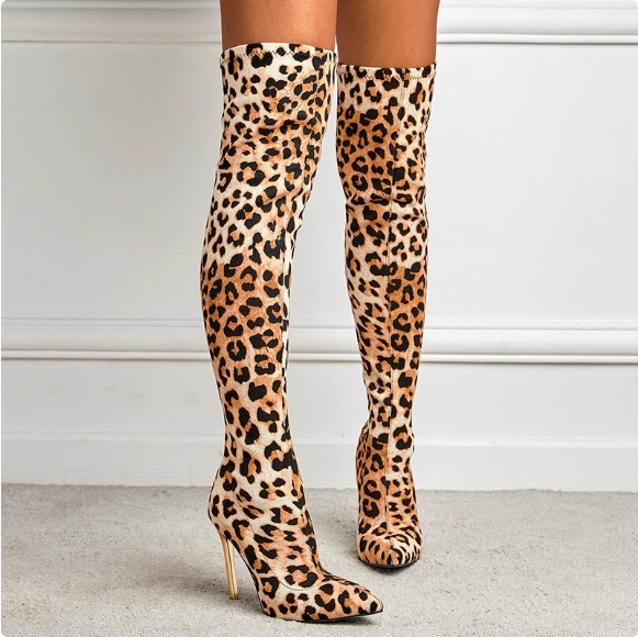Stiletto Leopard Print Elastic Stretch Women's Boots