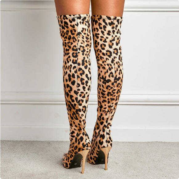 Stiletto Leopard Print Elastic Stretch Women's Boots