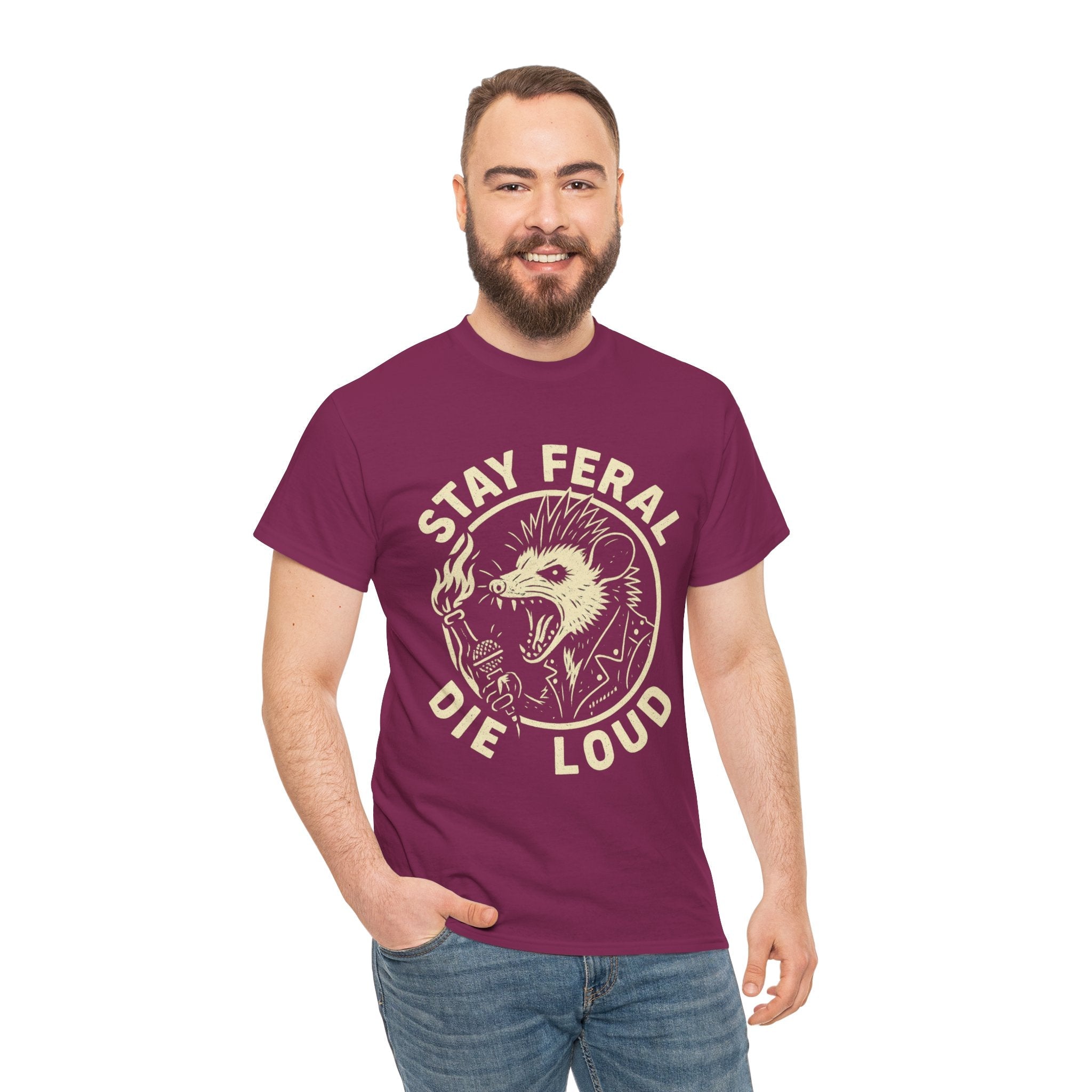 Stay Feral Die Loud Possum Punk Shirt – Trash Cult Supply Co – Gildan 5000 T-Shirt