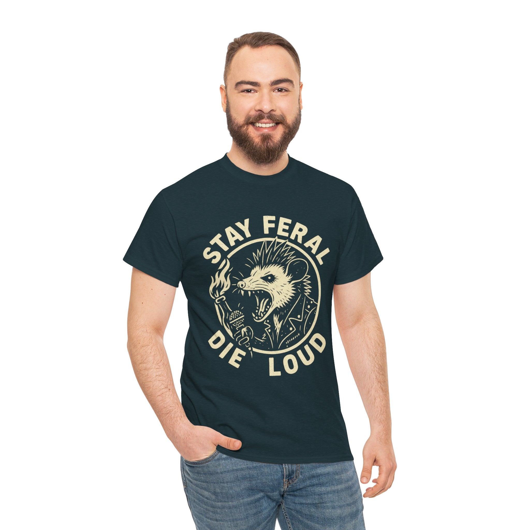 Stay Feral Die Loud Possum Punk Shirt – Trash Cult Supply Co – Gildan 5000 T-Shirt