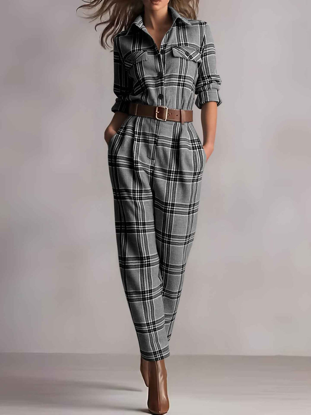 Collared Button Retro Plaid High Waist w Pocket Jumpsuit for Women