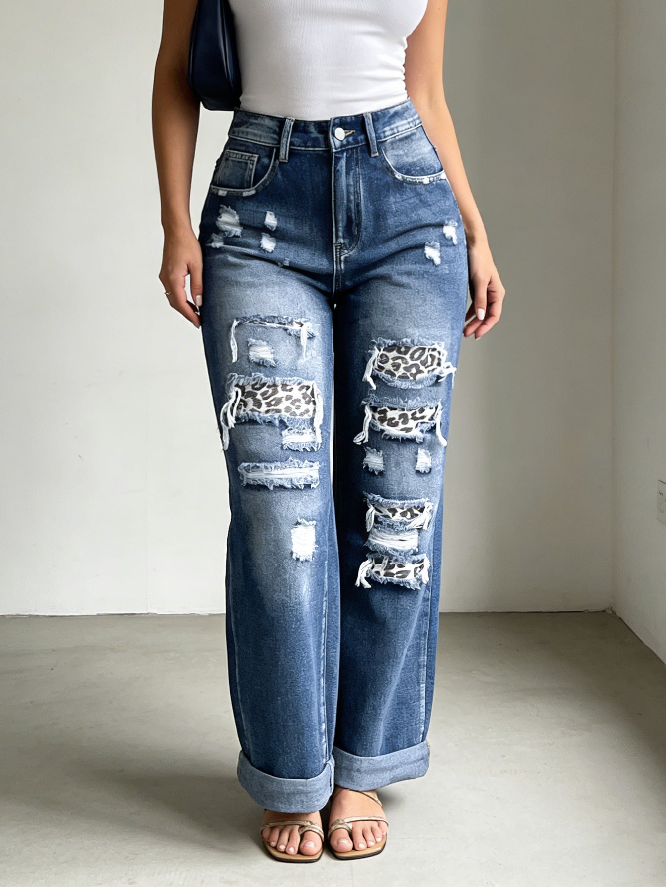 High Waist Jeans Leopard Patch Ripped Retro