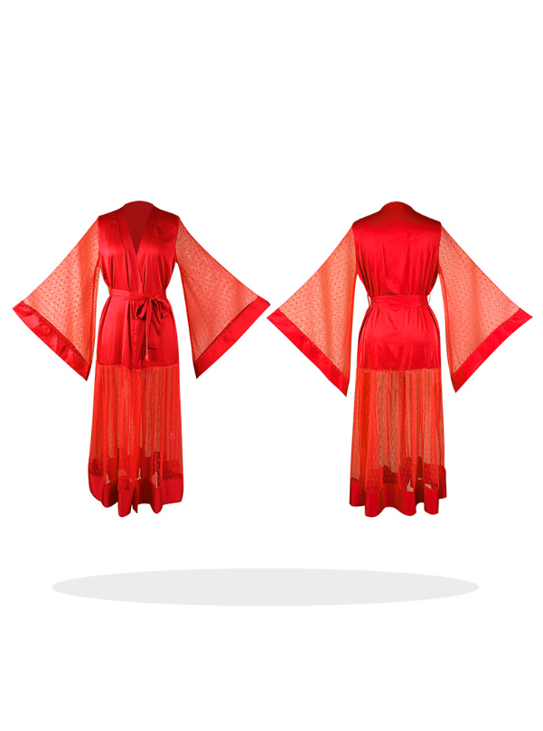 Satin Mesh Patchwork Flared Sleeve Nightgown Sheath Sleepwear Pajamas