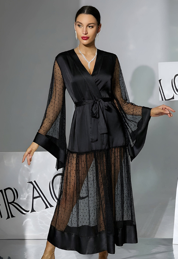Satin Mesh Patchwork Flared Sleeve Nightgown Sheath Sleepwear Pajamas