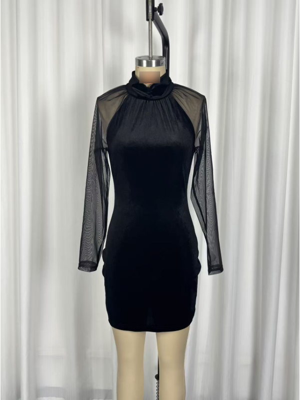 Elegant Slim Long Sleeve Sheer Mesh Cocktail Evening Dress