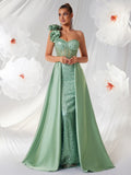 "The Socialite" Elegant Green Tube Top One Shoulder Evening Dress Three Dimensional Floral Pattern