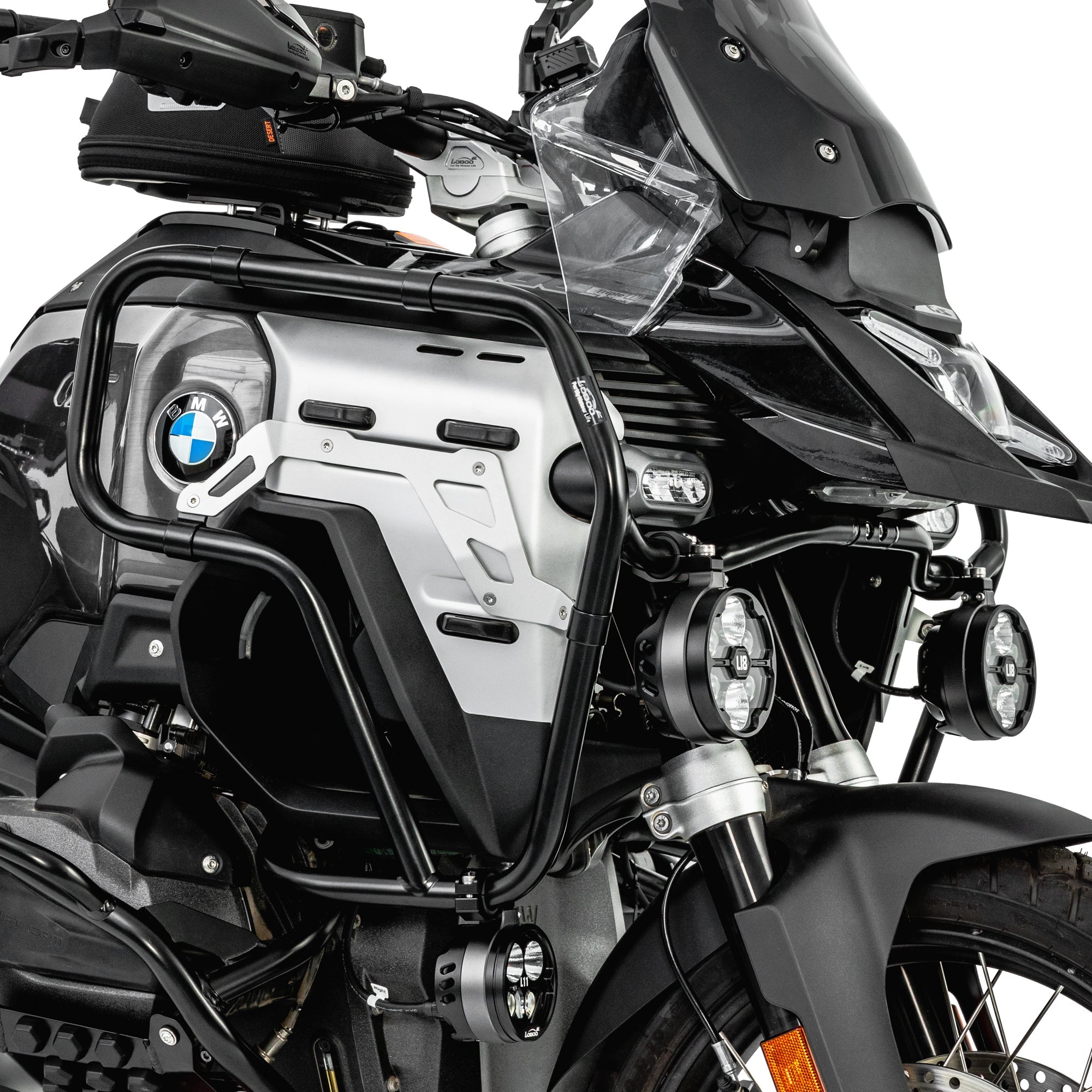 LOBOO Upper Crash Bar for BMW R1300GS Adventure (2024-on) – 304 Stainless Steel, Multi-Point Support, Silver / Black Finish